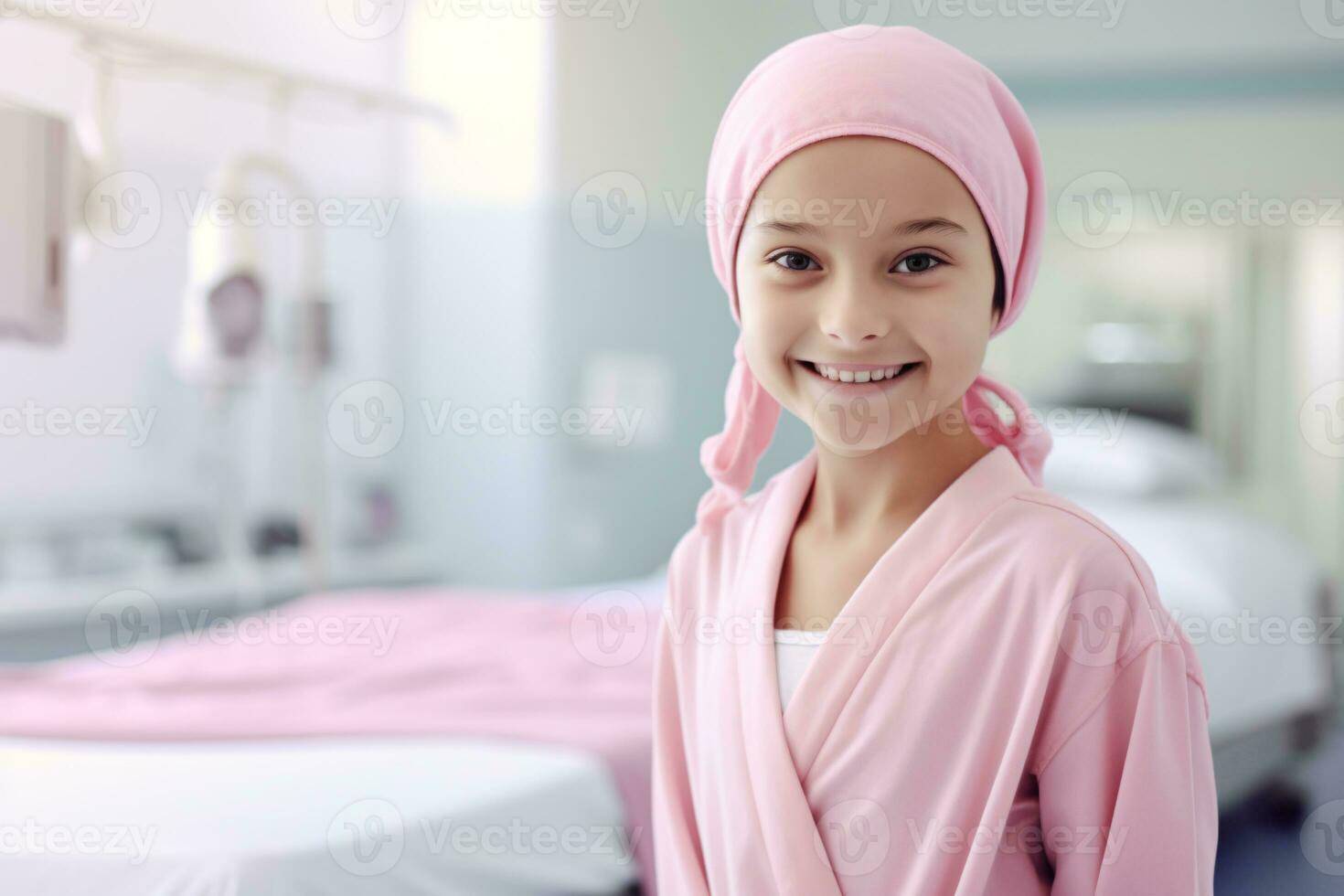Happy cancer patient. Smiling girl after chemotherapy treatment at hospital oncology department. Leukemia cancer recovery. Cancer survivor. Smiling bald cute girl with a pink headscarf. Generative AI. photo