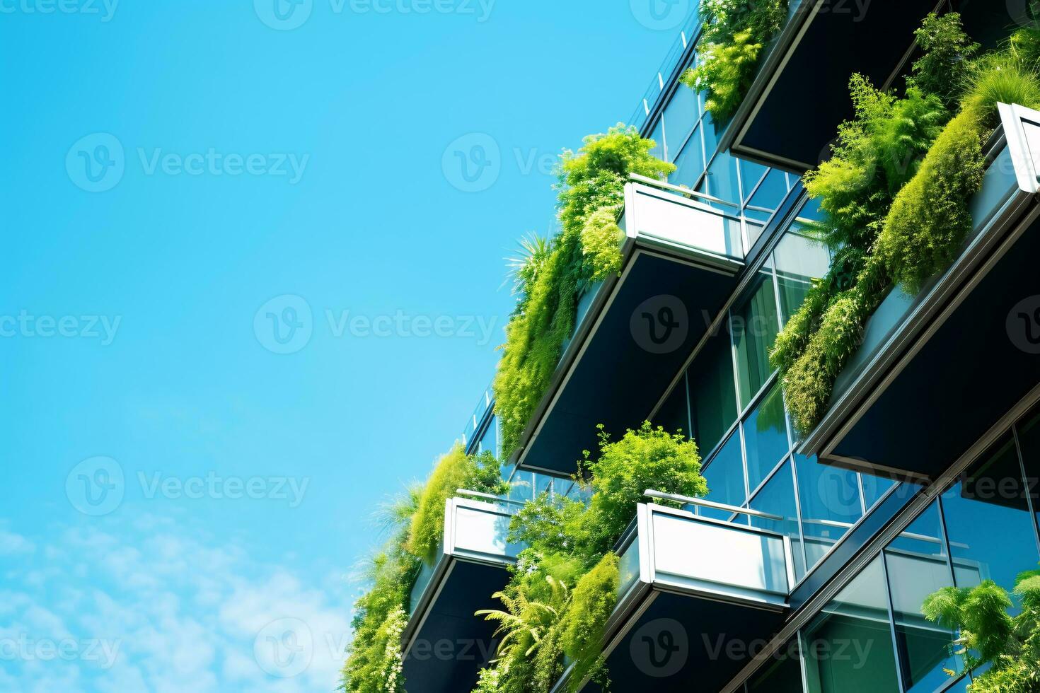 Eco-friendly building in the modern city. Sustainable glass office building with tree for reducing carbon dioxide. Office building with green environment. Corporate building reduce CO2. Generative AI photo