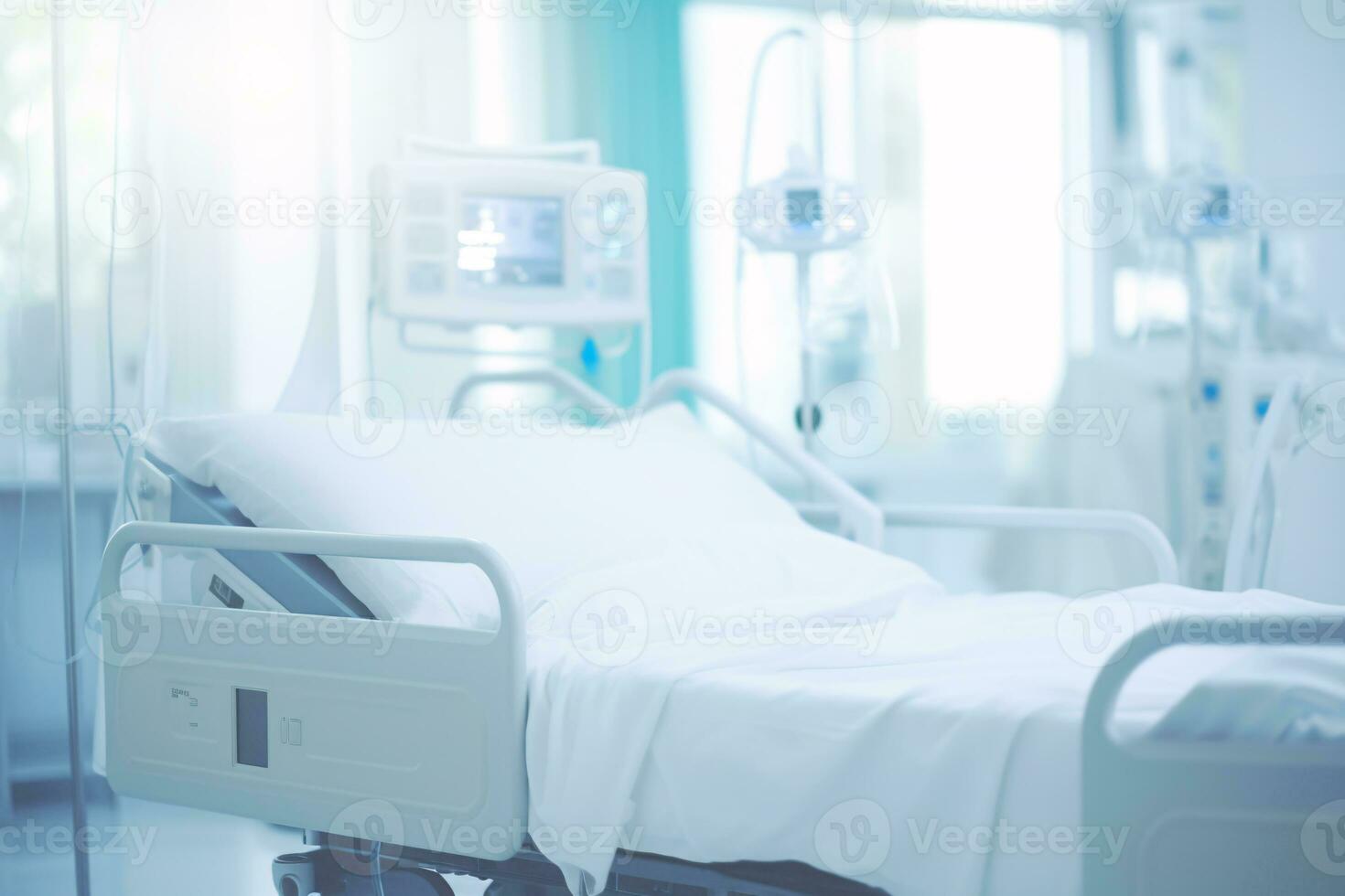 Hospital bed in emergency room blurred background. Abstract blurred medical clinic interior. Medical emergency room in luxury hospital. Healthcare and medical center background. Generative AI. photo