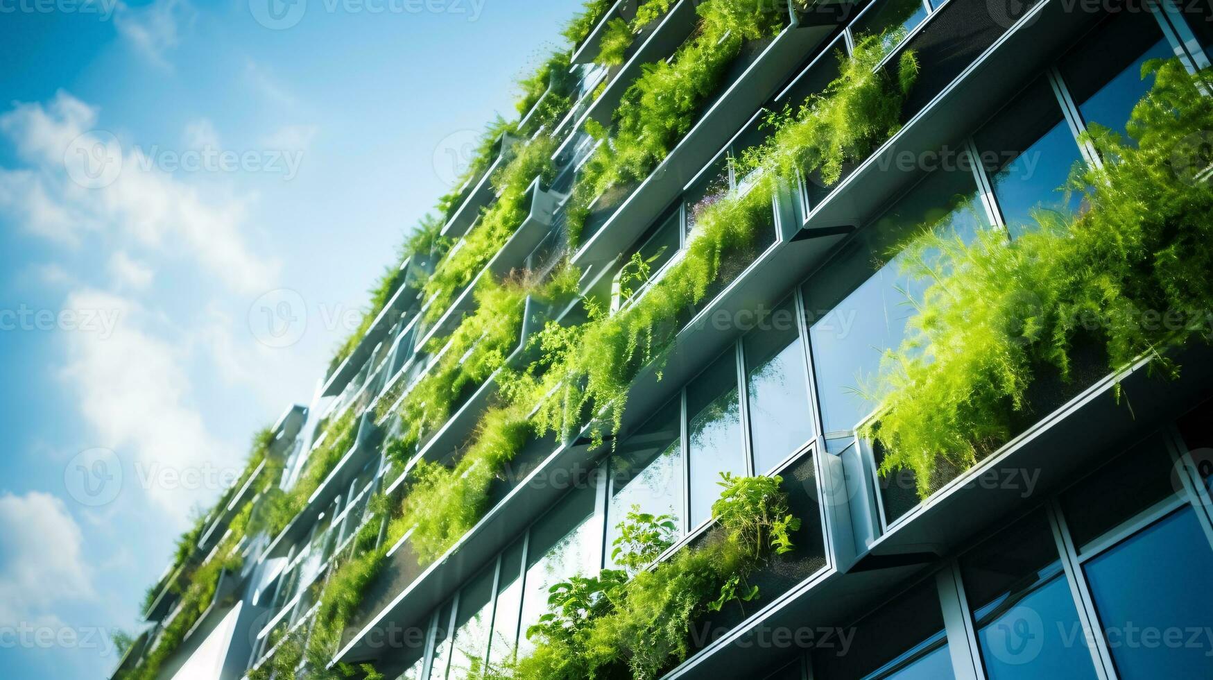 Eco-friendly building in the modern city. Sustainable glass office building with tree for reducing carbon dioxide. Office building with green environment. Corporate building reduce CO2. Generative AI photo