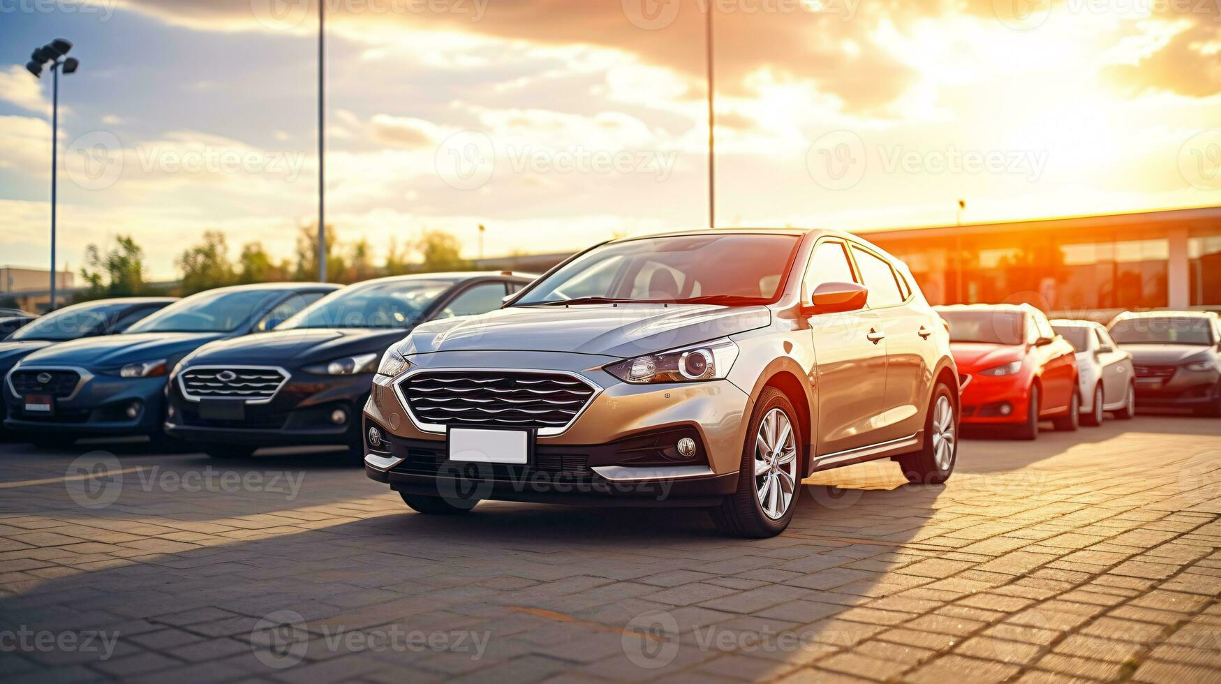 Car parked at outdoor parking lot. Used car for sale and rental service. Car insurance background. Automobile parking area. Car dealership and dealer agent concept. Automotive industry. Generative AI. photo