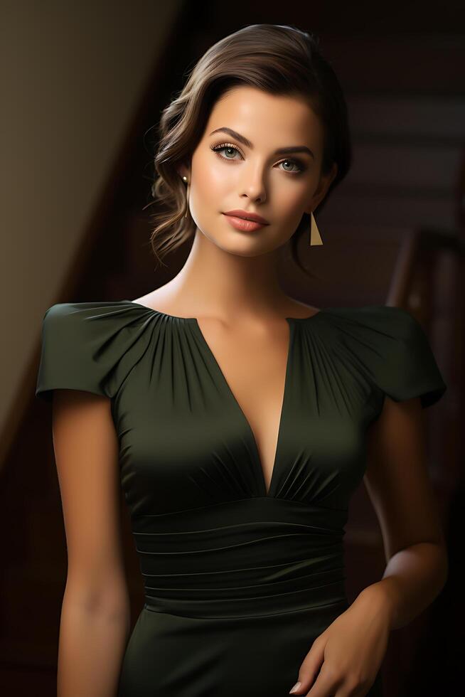 ai generado retrato de un hermosa mujer en un elegante de moda Moda ajustado vestido. foto