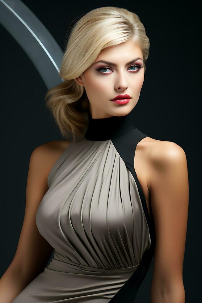 AI generated Portrait of a Beautiful Woman in a Stylish Trendy Fashion Bodycon Dress. photo