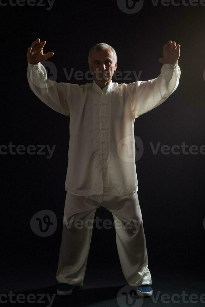 Senior man enjoys exercise Tai Chi indoor photo