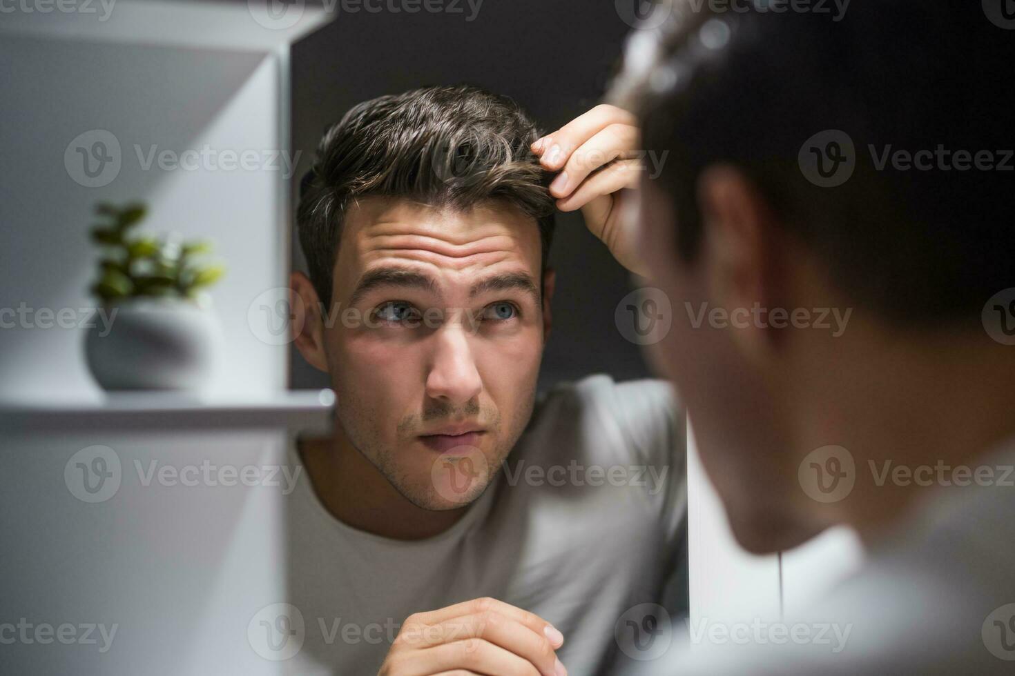 Worried man is looking his hair in the mirror photo