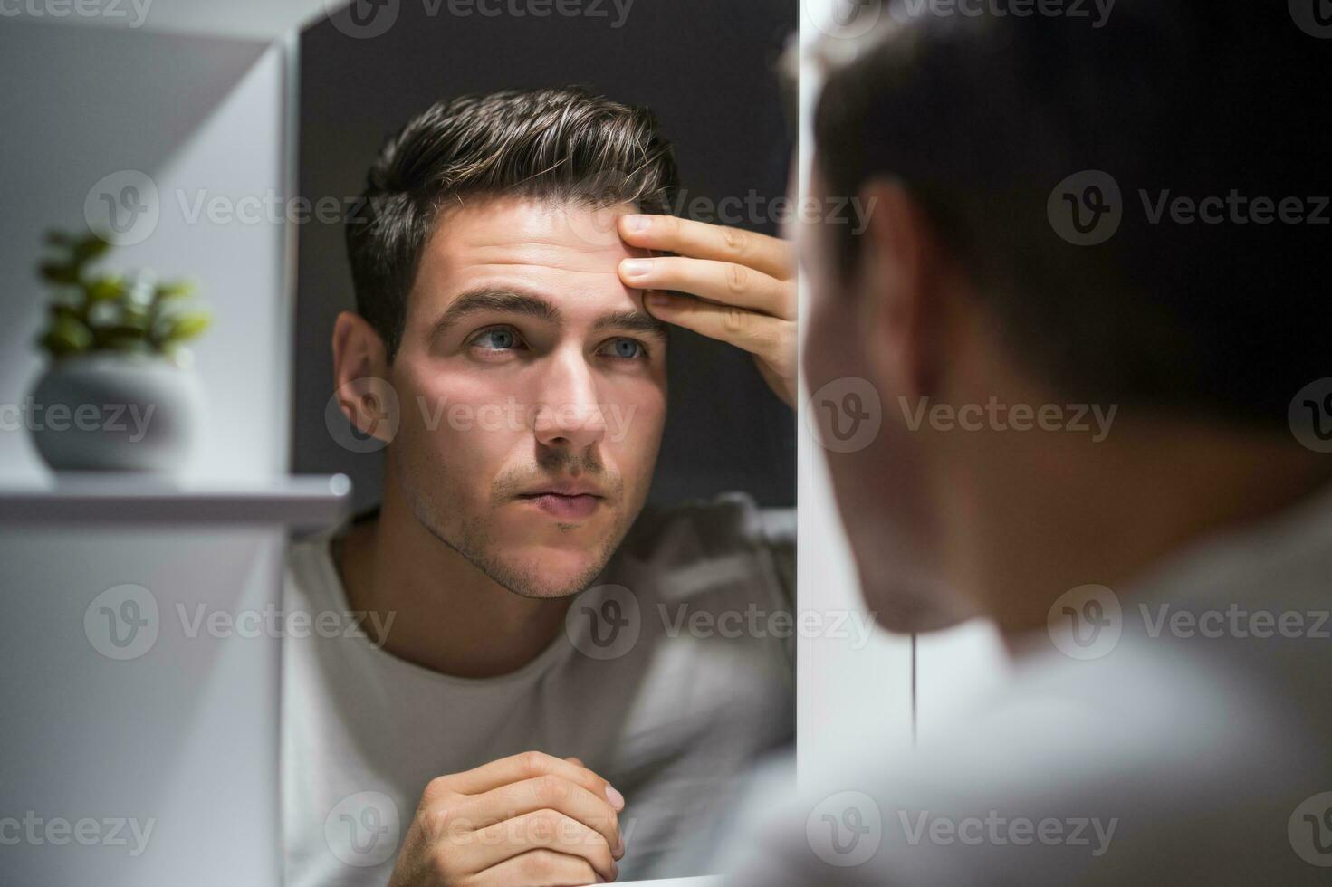 Man looking at his wrinkles while standing in front of mirror photo