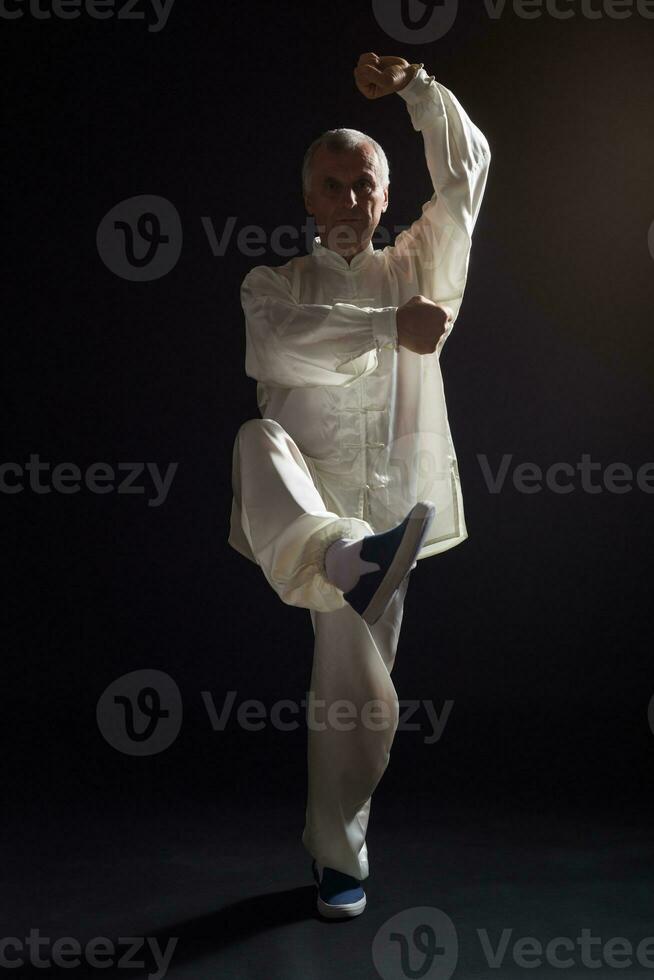 Senior man enjoys exercise Tai Chi indoor photo