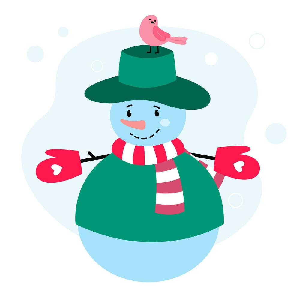 monigote de nieve con verde sombrero y pájaro. color ilustración vector