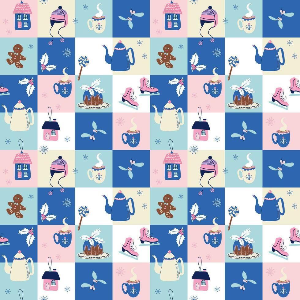 Abstract Christmas geometric seamless pattern. Mosaic background with holiday symbols. Modern design vector illustration, flat style.
