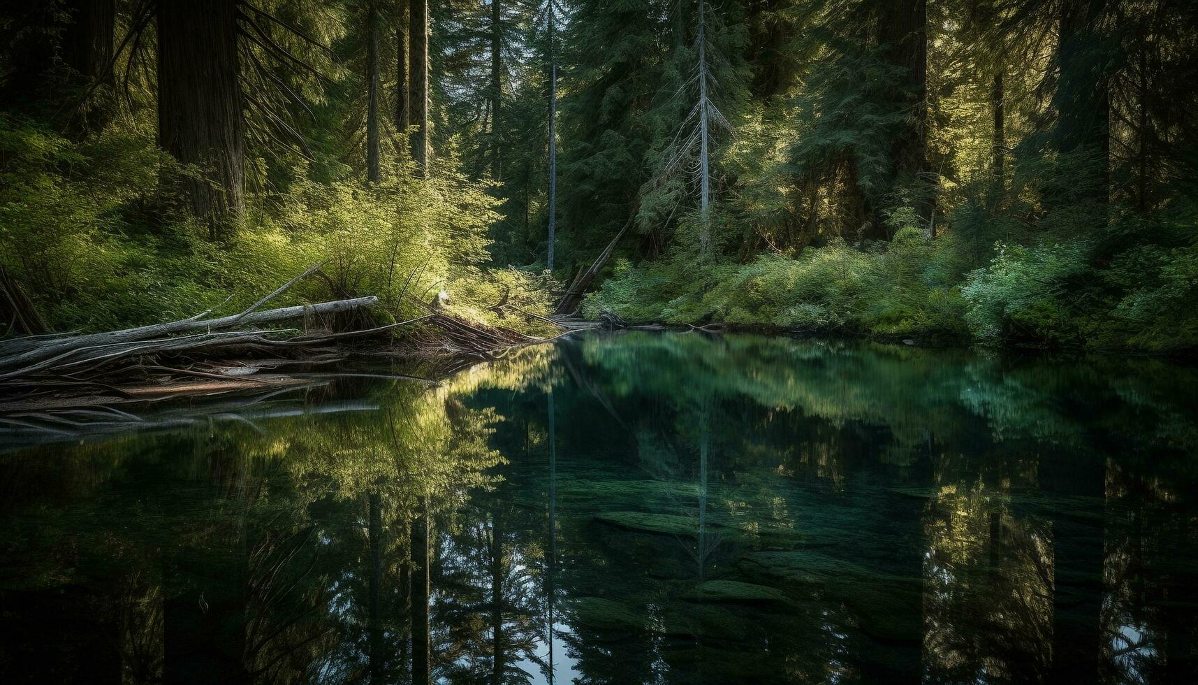 AI generated Tranquil tropical rainforest, green palm trees, flowing water, serene landscape generated by AI photo