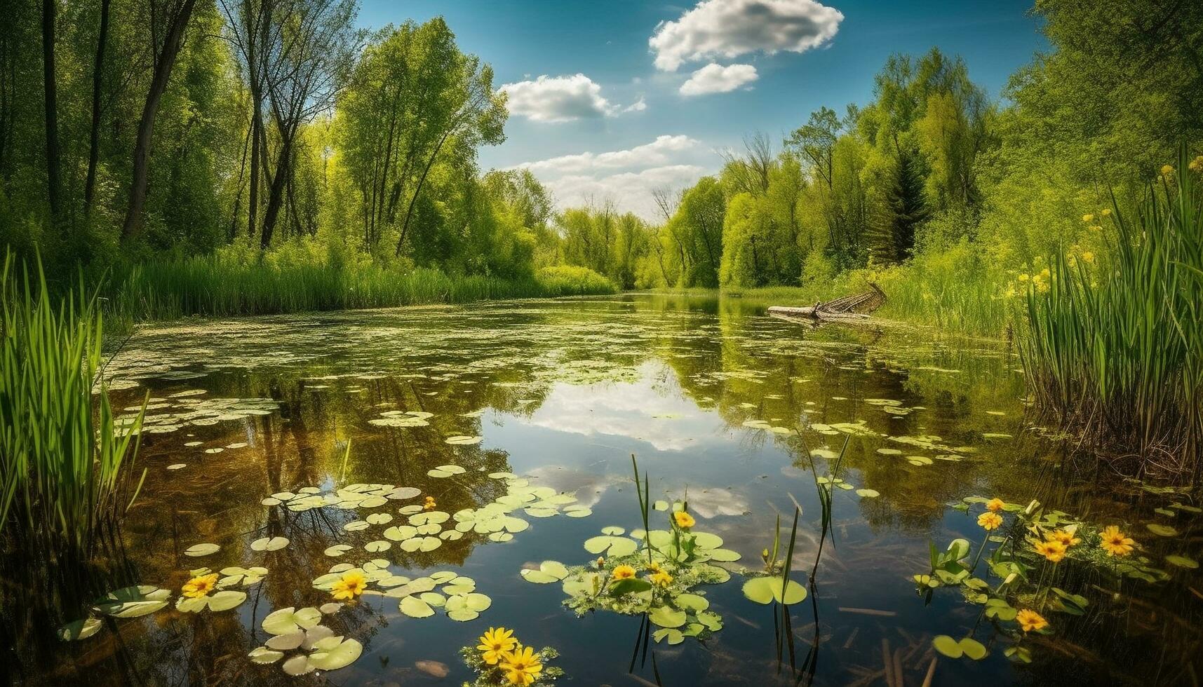 AI generated Tranquil tropical rainforest, green palm trees, flowing water, serene landscape generated by AI photo