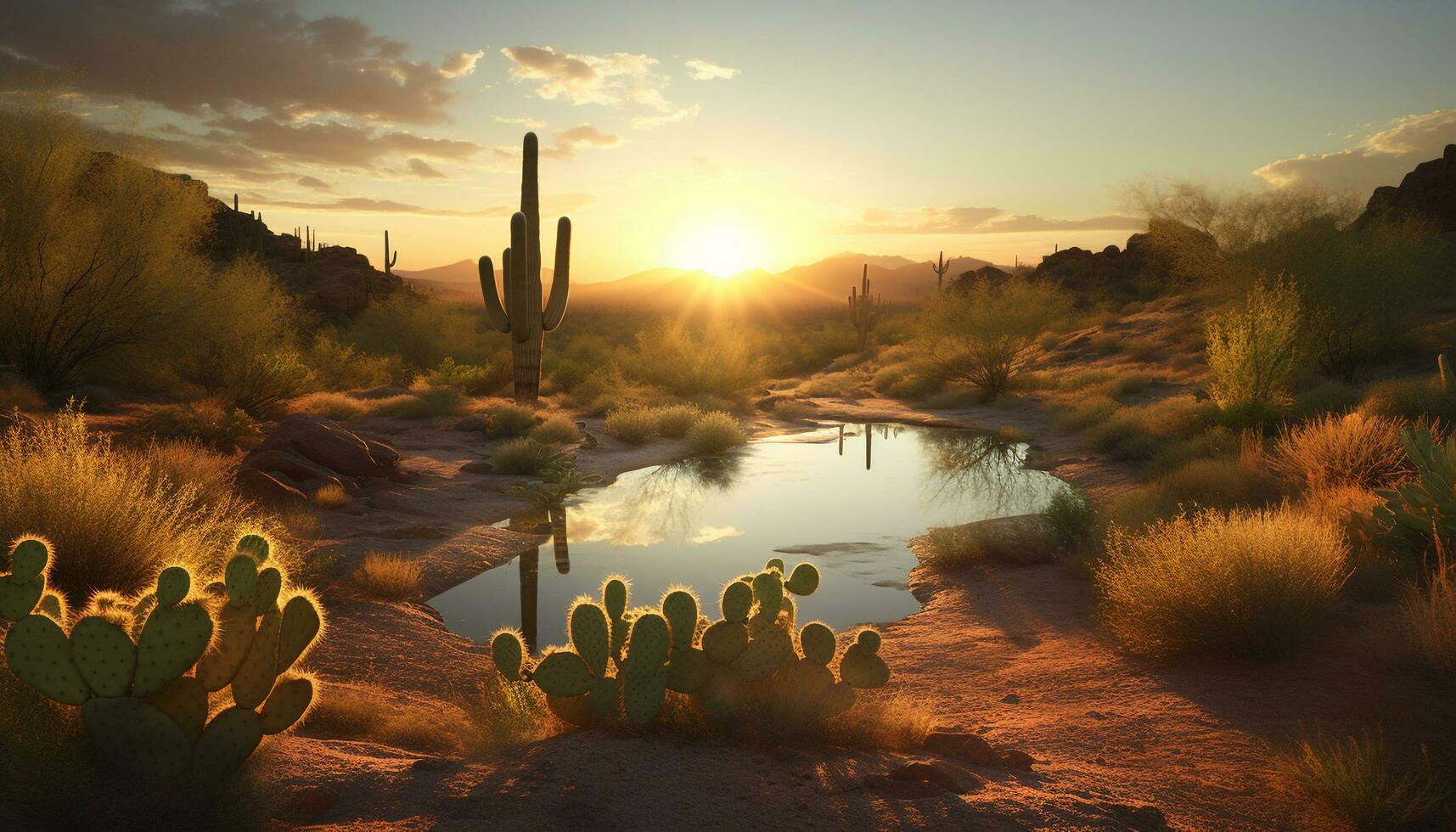 AI generated Tranquil sunset over arid mountains, dusty footpath leads west generated by AI photo