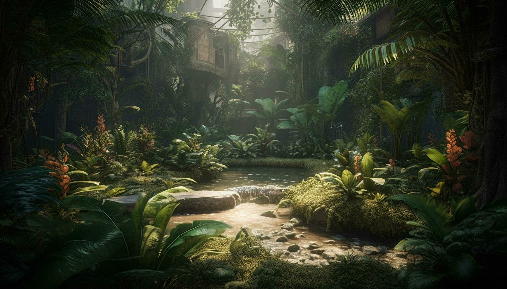 AI generated Tropical rainforest, green leaves, tranquil scene, animals, adventure, mysterious rock generated by AI photo