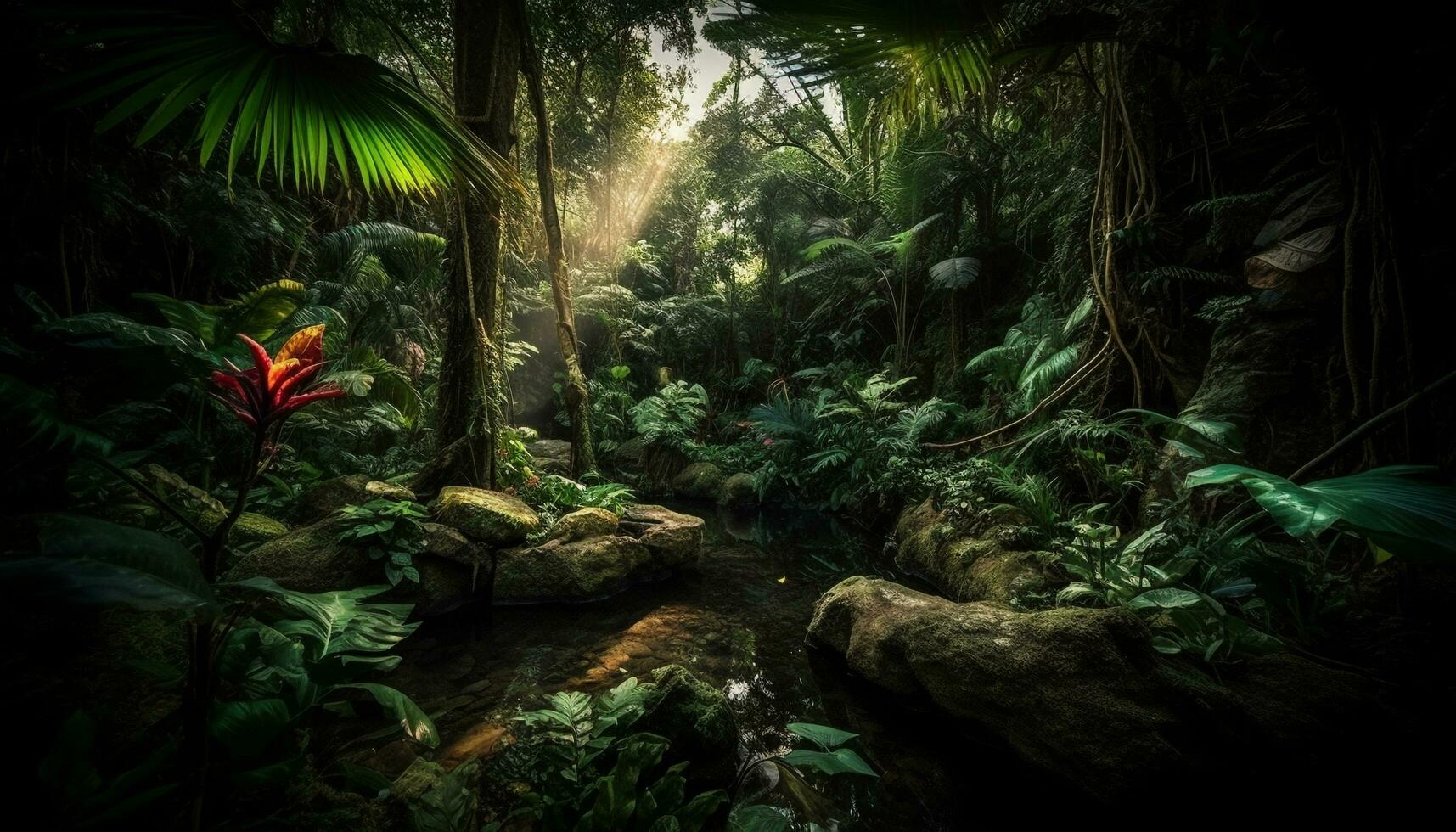 AI generated Tropical rainforest, green leaves, tranquil scene, animals, adventure, mysterious rock generated by AI photo