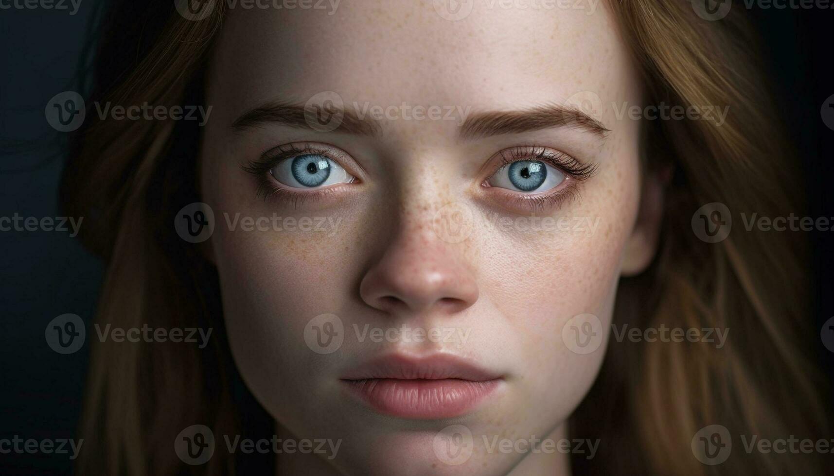 AI generated Close up of a caucasian woman blue eye, staring at camera generated by AI photo