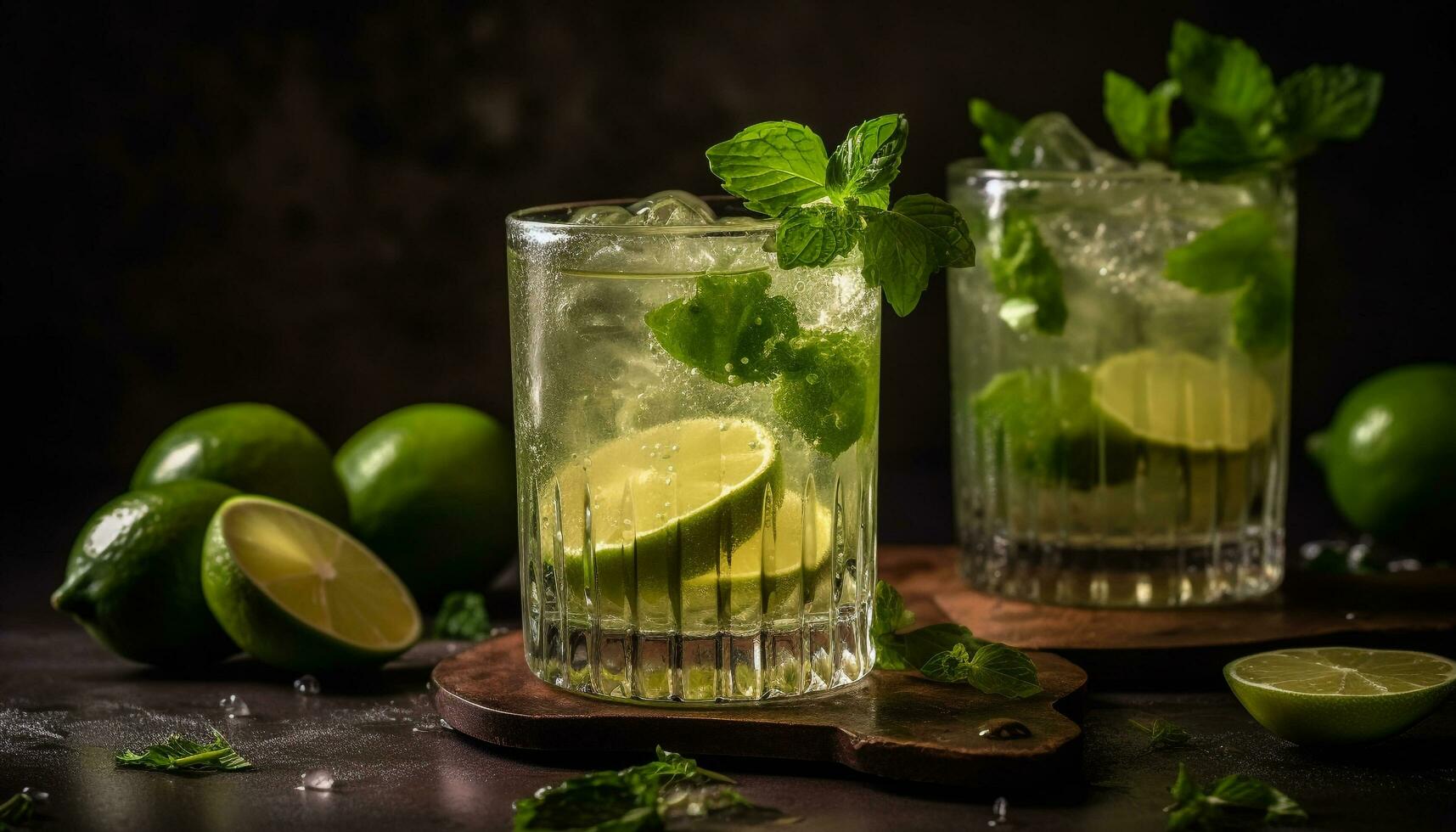 AI generated Refreshing mojito cocktail with lime, mint leaf, and citrus fruit generated by AI photo