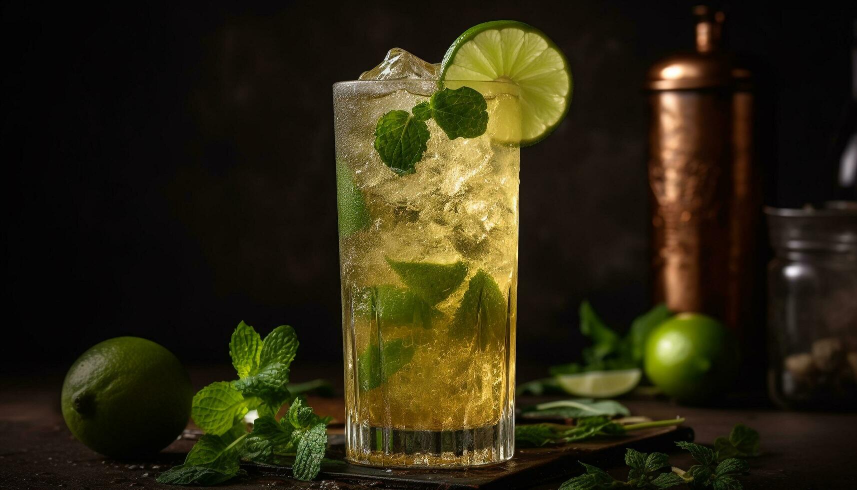 AI generated Refreshing mojito cocktail with lime, mint leaf, and citrus fruit generated by AI photo