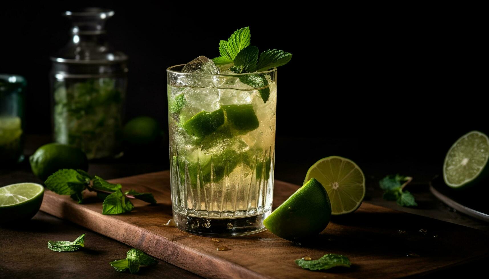 AI generated Refreshing mojito cocktail with lime, mint leaf, and citrus fruit generated by AI photo
