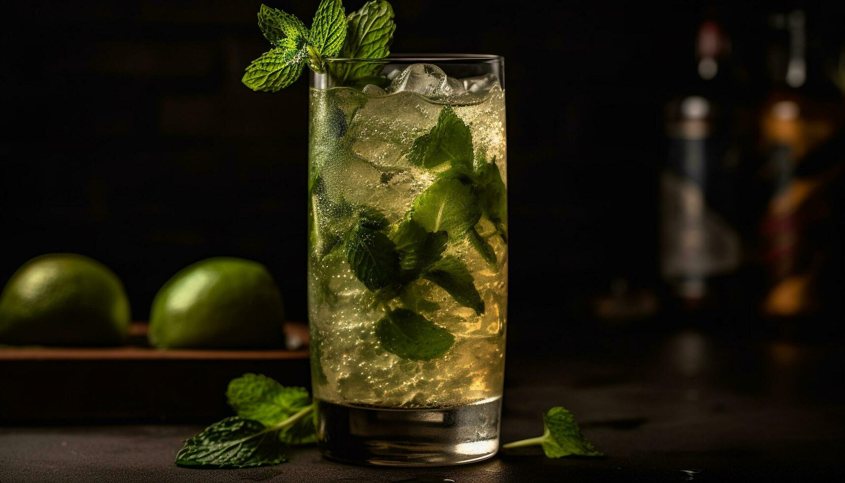 AI generated Refreshing mojito cocktail with lime, mint leaf, and citrus fruit generated by AI photo