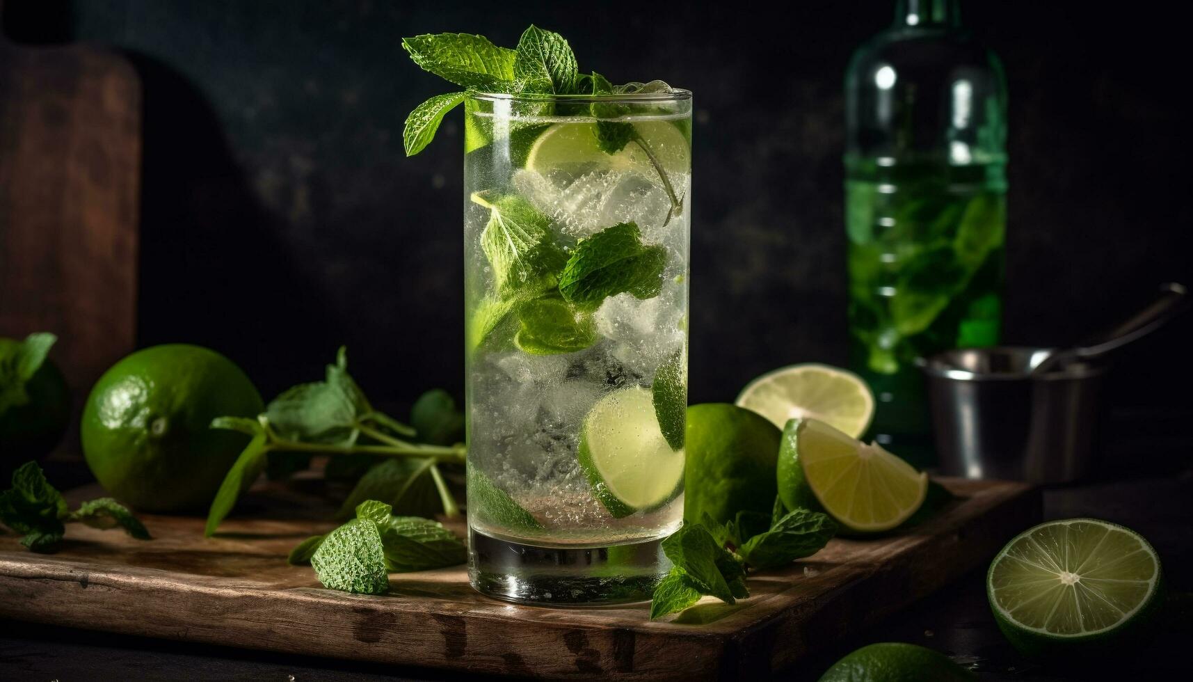 AI generated Refreshing mojito cocktail with lime, mint leaf, and citrus fruit generated by AI photo