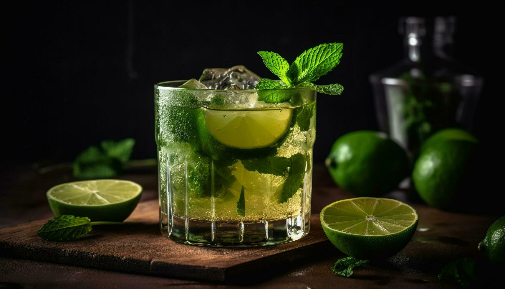 AI generated Refreshing mojito cocktail with lime, mint leaf, and citrus fruit generated by AI photo