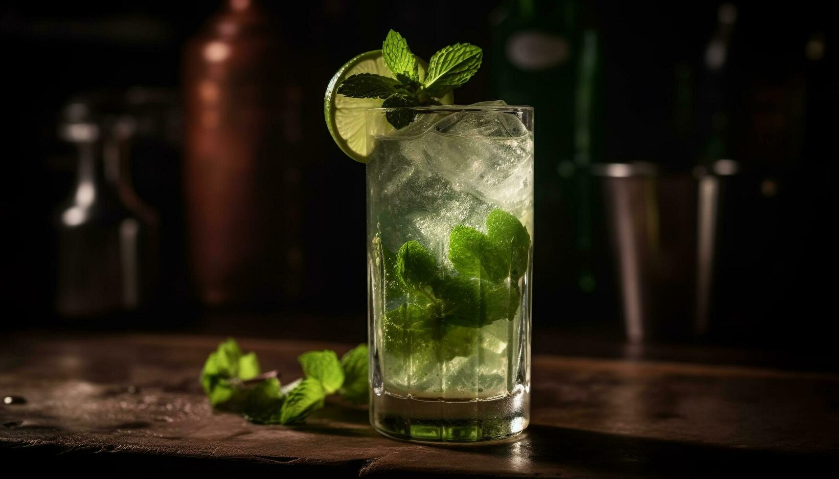 AI generated Refreshing mojito cocktail with lime, mint leaf, and citrus fruit generated by AI photo