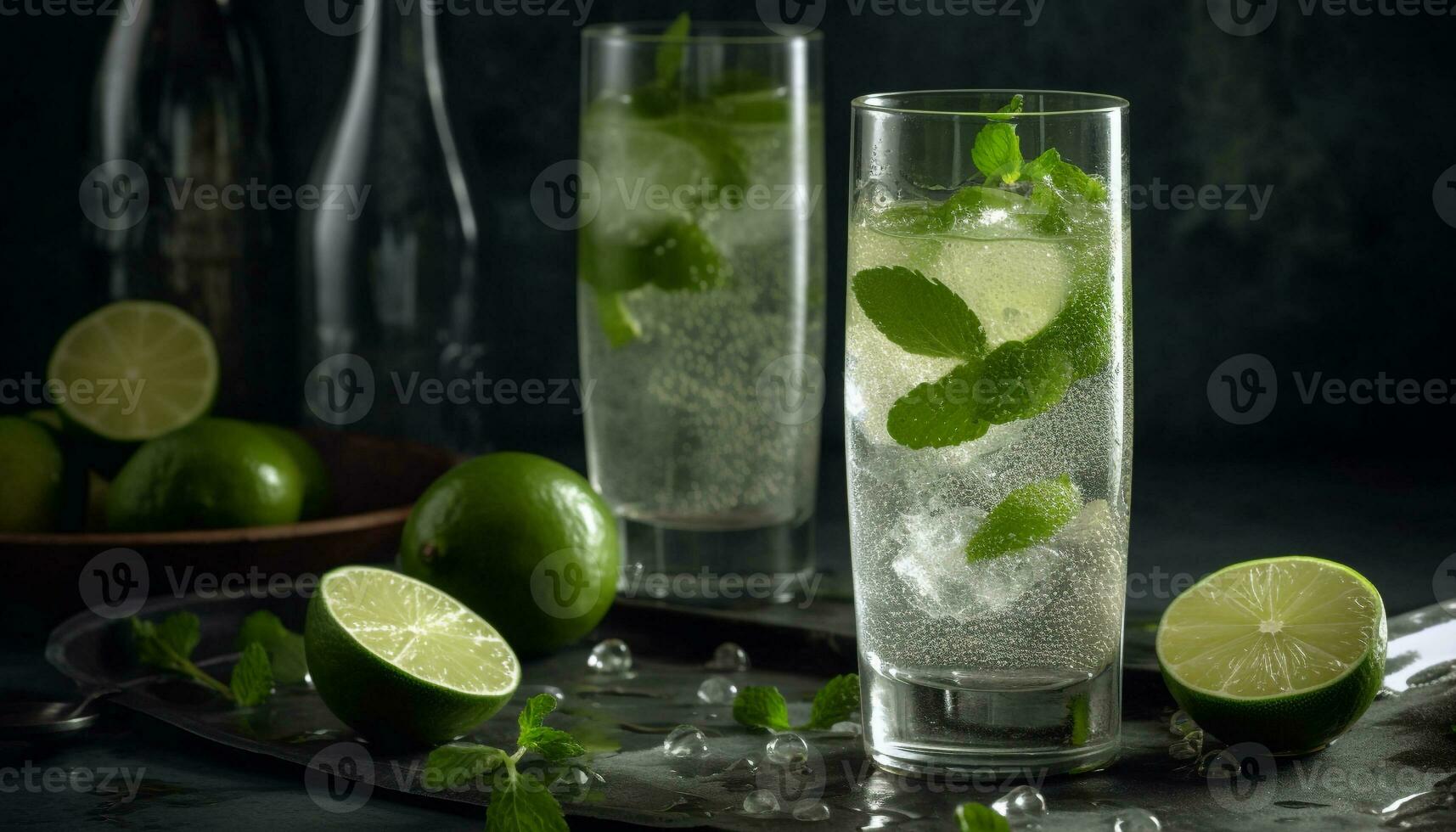 AI generated Refreshing mojito cocktail with lime, mint leaf, and citrus fruit generated by AI photo