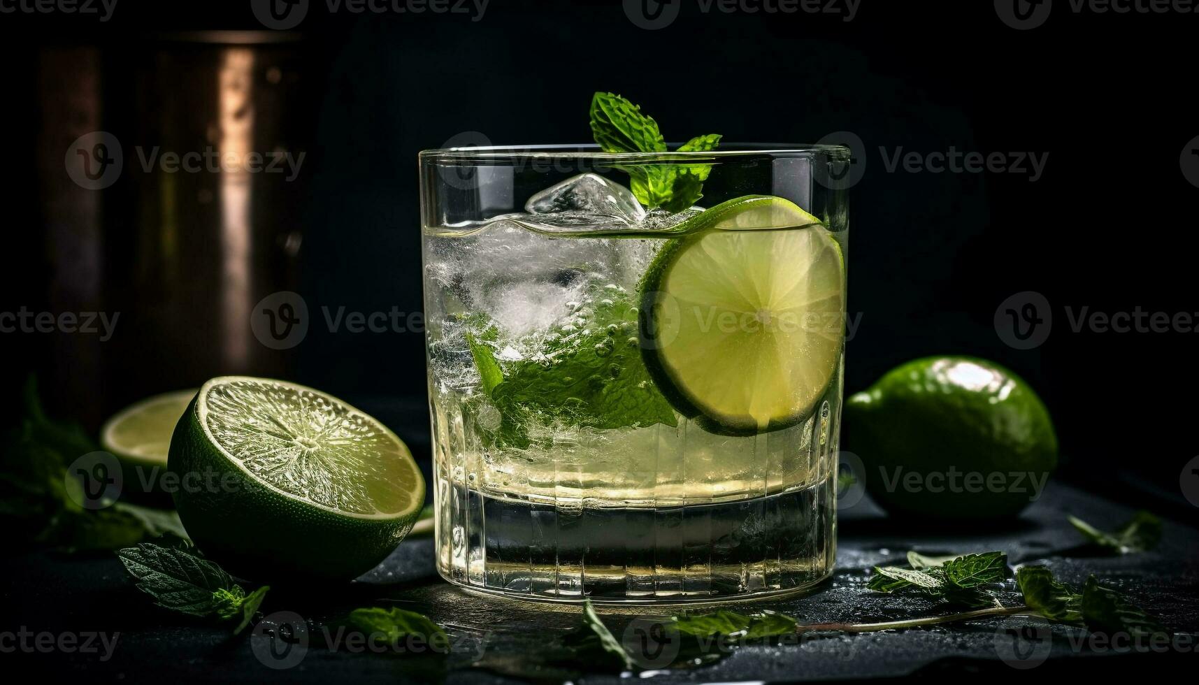 AI generated Refreshing mojito cocktail with lime, mint leaf, and citrus fruit generated by AI photo