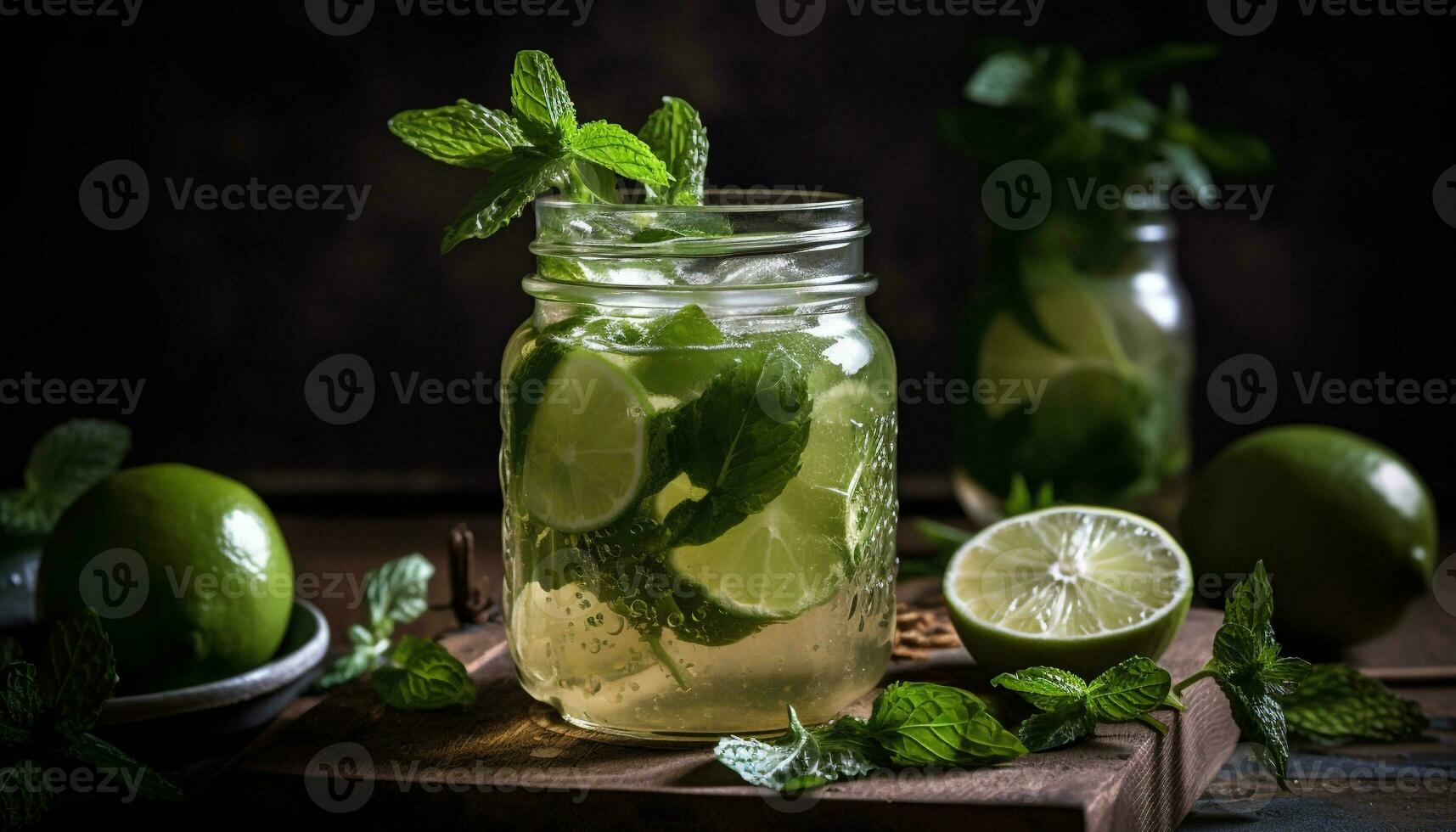 AI generated Refreshing mojito cocktail with lime, mint leaf, and citrus fruit generated by AI photo
