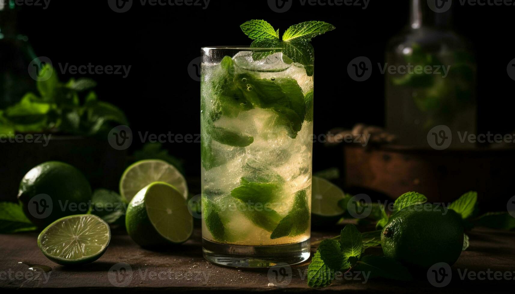 AI generated Refreshing mojito cocktail with lime, mint leaf, and citrus fruit generated by AI photo