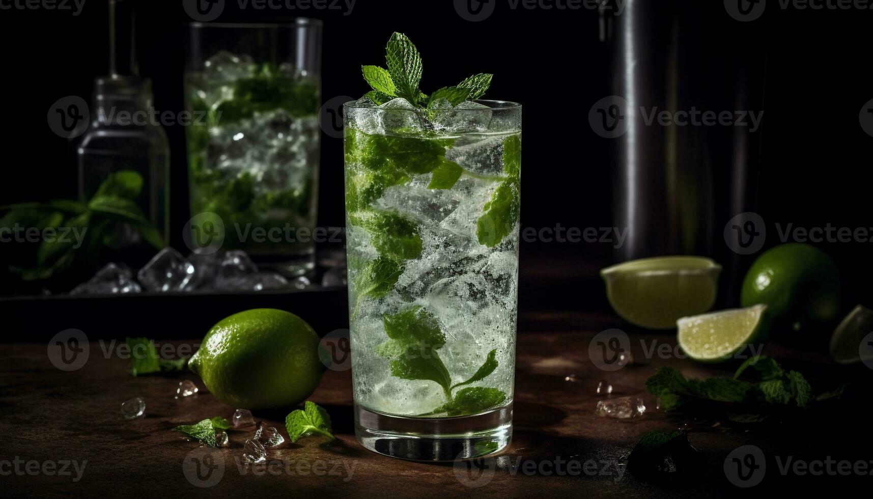 AI generated Refreshing mojito cocktail with lime, mint leaf, and citrus fruit generated by AI photo