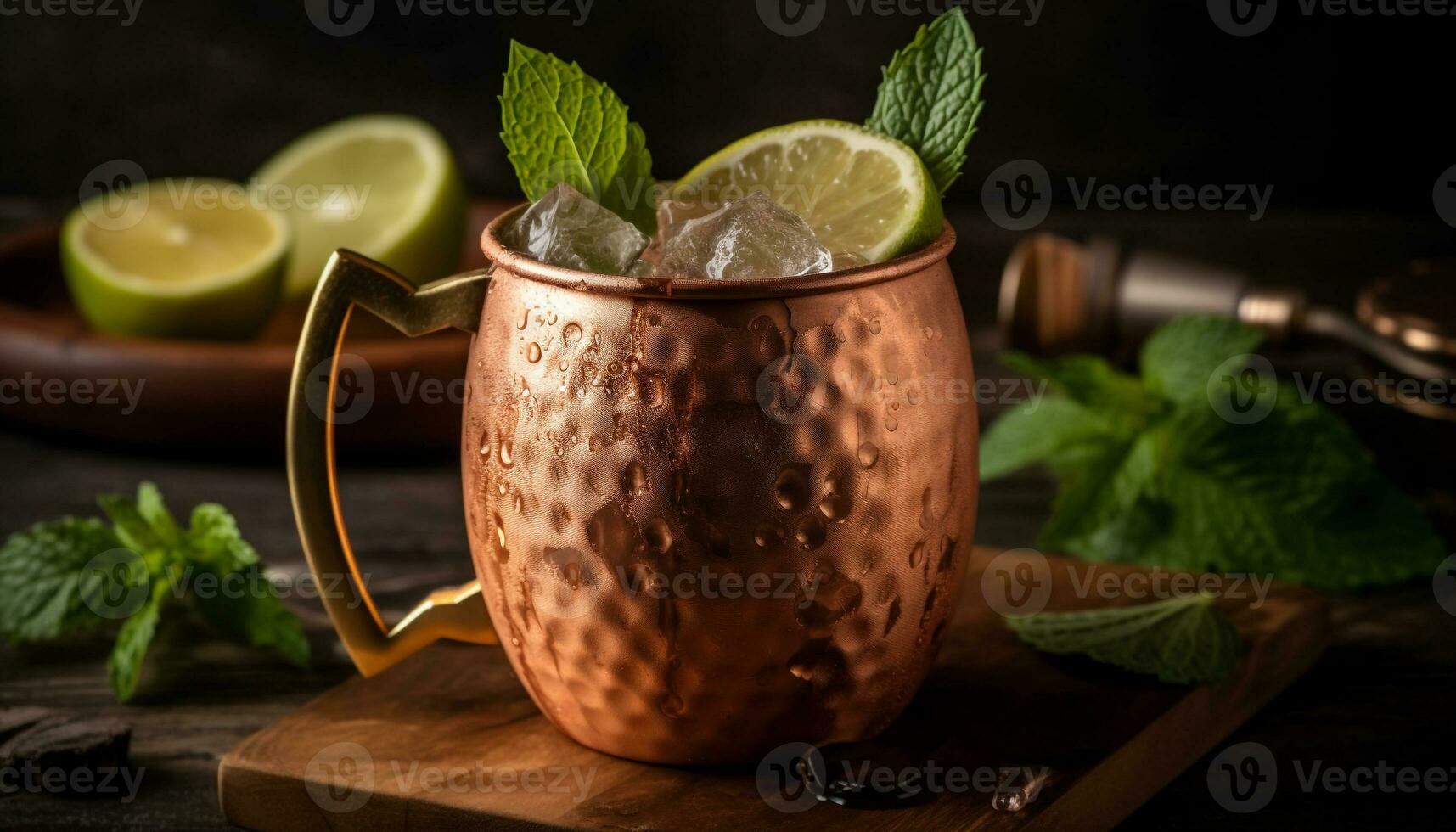 AI generated Refreshing mojito cocktail with lime, mint leaf, and citrus fruit generated by AI photo