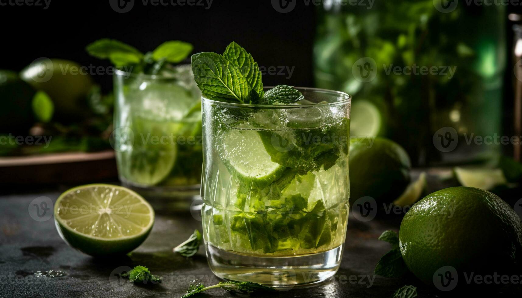 AI generated Refreshing mojito cocktail with lime, mint leaf, and citrus fruit generated by AI photo