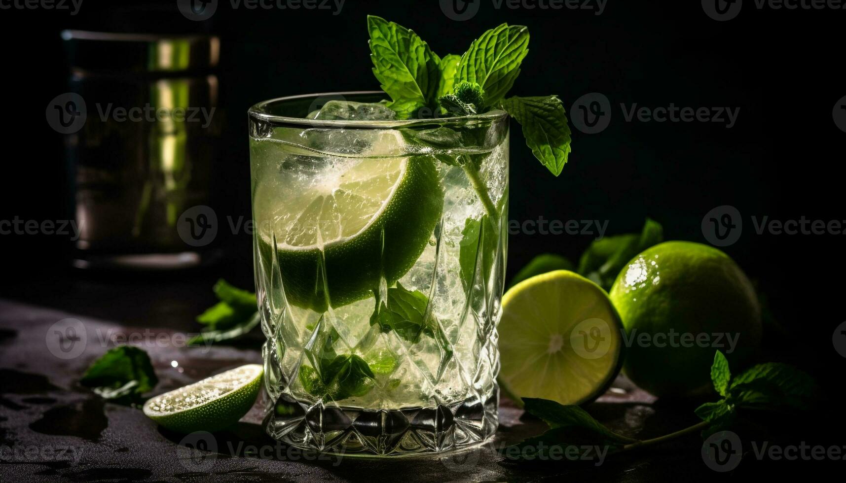 AI generated Refreshing mojito cocktail with lime, mint leaf, and citrus fruit generated by AI photo