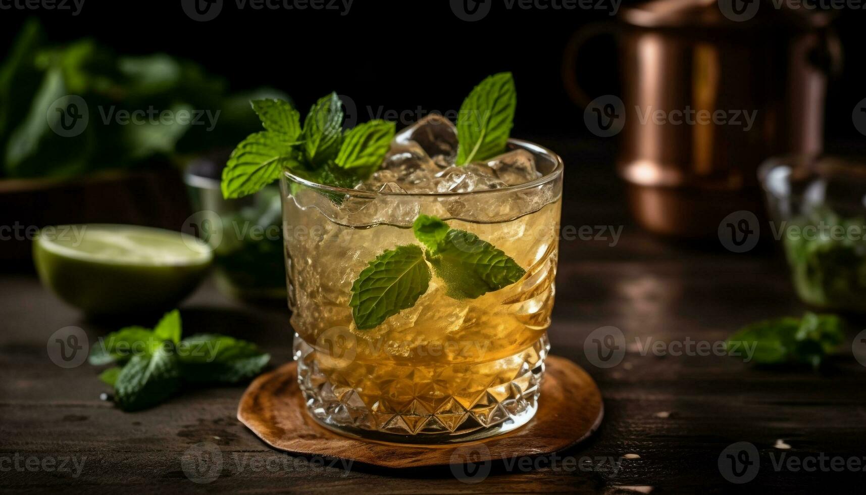 AI generated Refreshing mojito cocktail with lime, mint leaf, and citrus fruit generated by AI photo