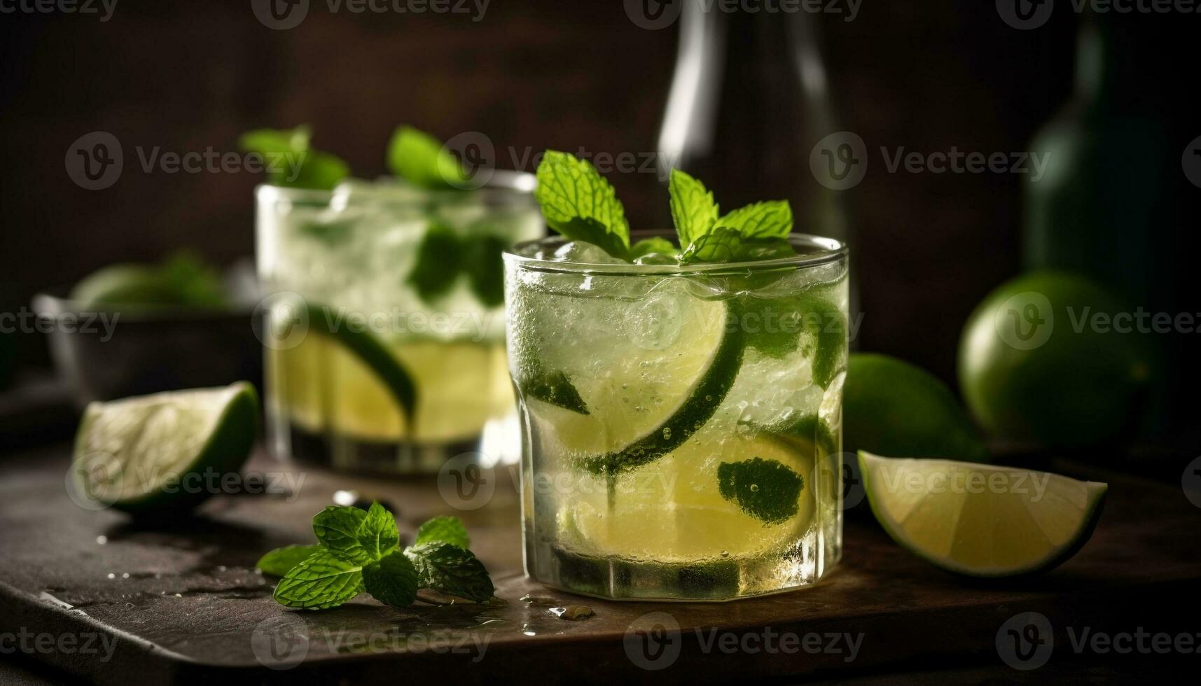 AI generated Refreshing mojito cocktail with lime, mint leaf, and citrus fruit generated by AI photo