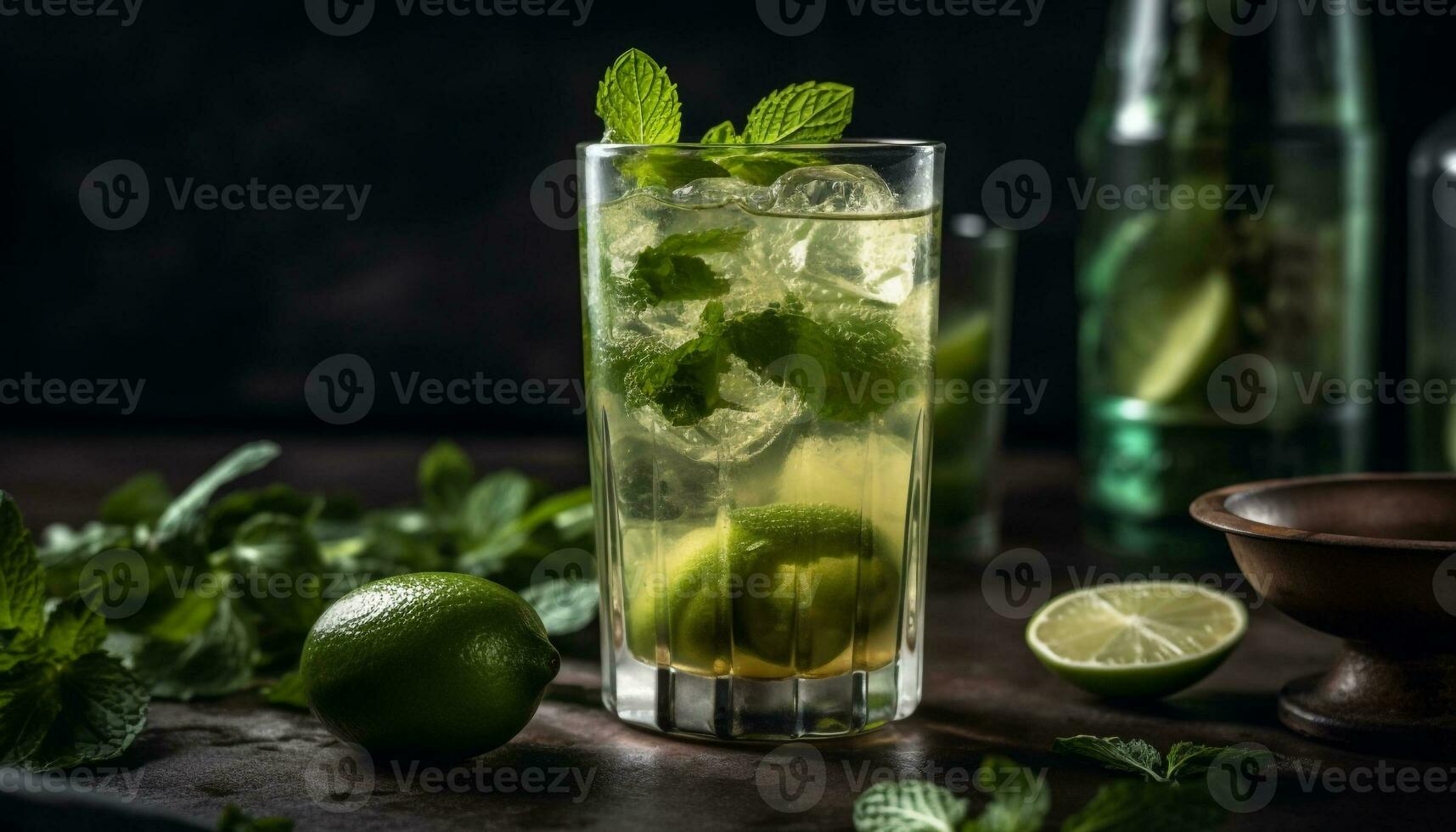 AI generated Refreshing mojito cocktail with lime, mint leaf, and citrus fruit generated by AI photo