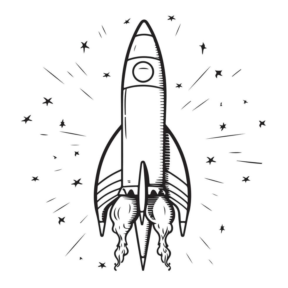 Children drawing of a rocket flying up, hand drawn sketch in doodle style. vector