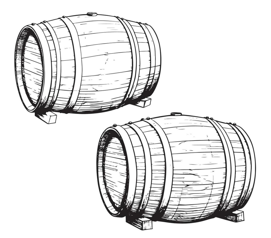 Wooden barrels vintage . Vector hand drawn sketch illustration.