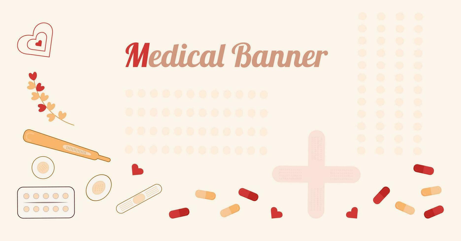 vector Medical banner with Medicine elements. First aid box, pills, plaster, thermometer, red cross, hearts, twigs with leaves hearts in flat cartoon style. Design for banners, borders, landing pages.