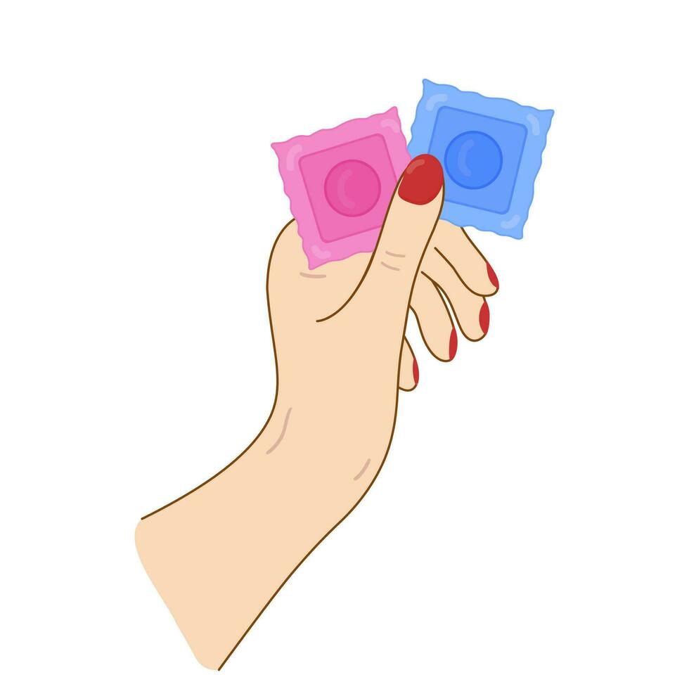 Two condom package in hand Vector. Theme of health, care, safety, contraceptive. Design for banner, poster, cover, social media post, flyers, greeting card. vector