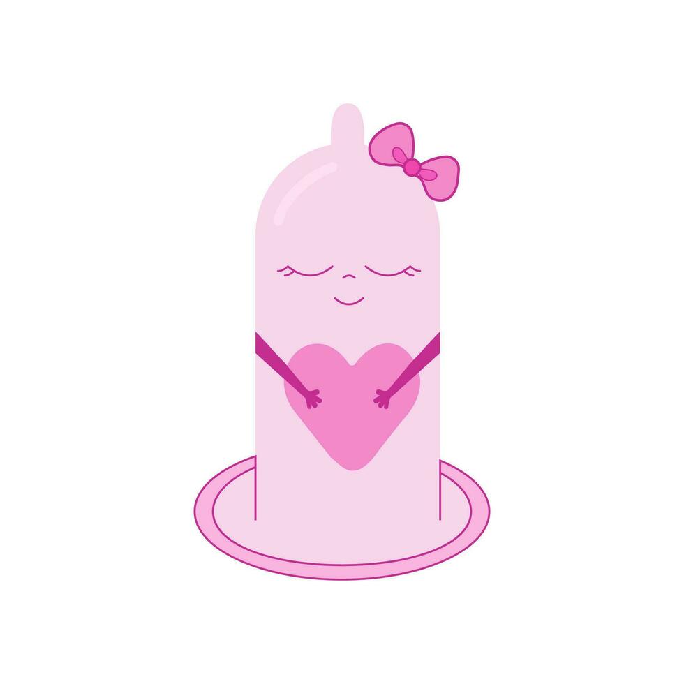 Condom pink characters with heart in their hands Vector. Theme of health, care, safety contraceptive vector