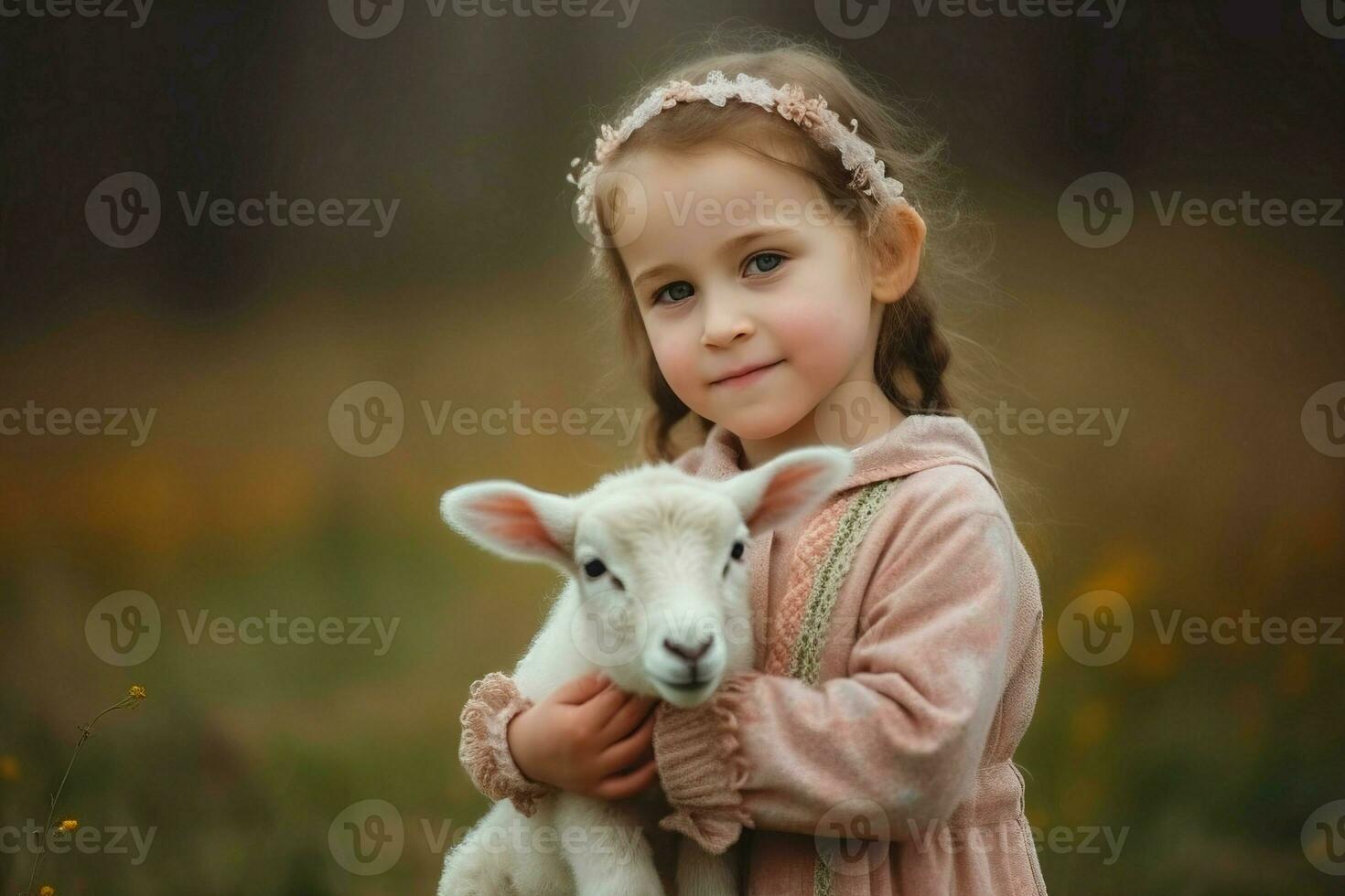 Small girl lamb meadow farming. Generate Ai photo