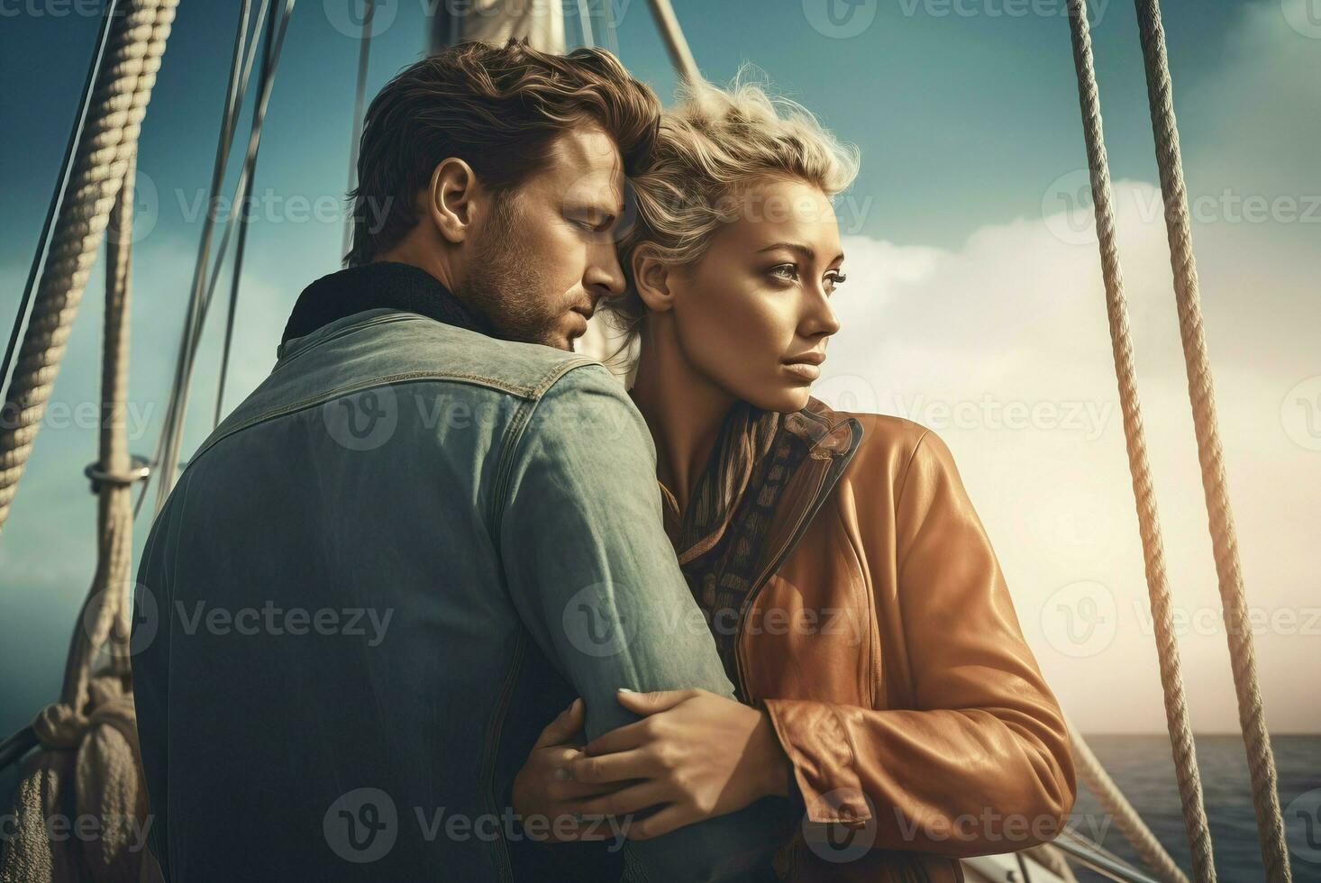 Young couple hugging on sea sailboat journey. Generate ai photo