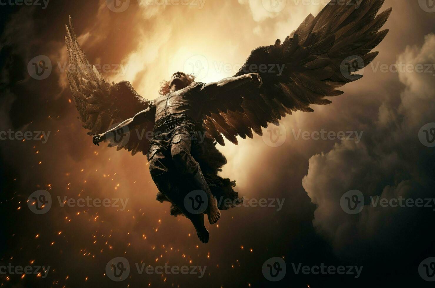 Lucifer falling from heaven light sky. Generate Ai photo