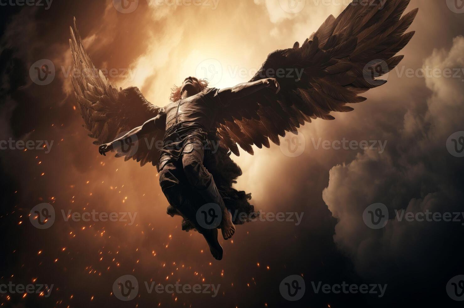 Lucifer falling from heaven light sky. Generate Ai photo