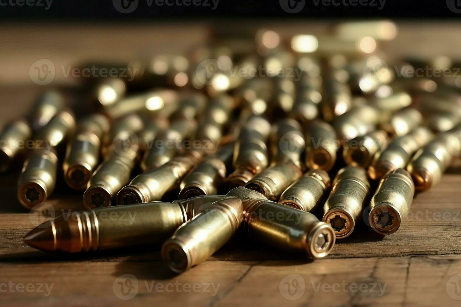 Many metal bullets on wooden table. Generate Ai photo