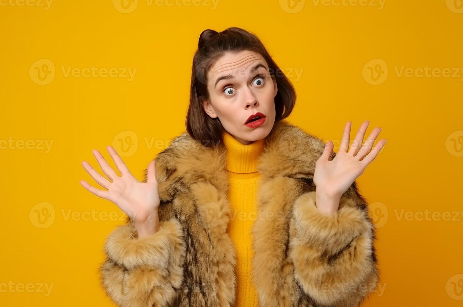 Puzzled indignant young Caucasian lady in fur coat. Generate ai photo