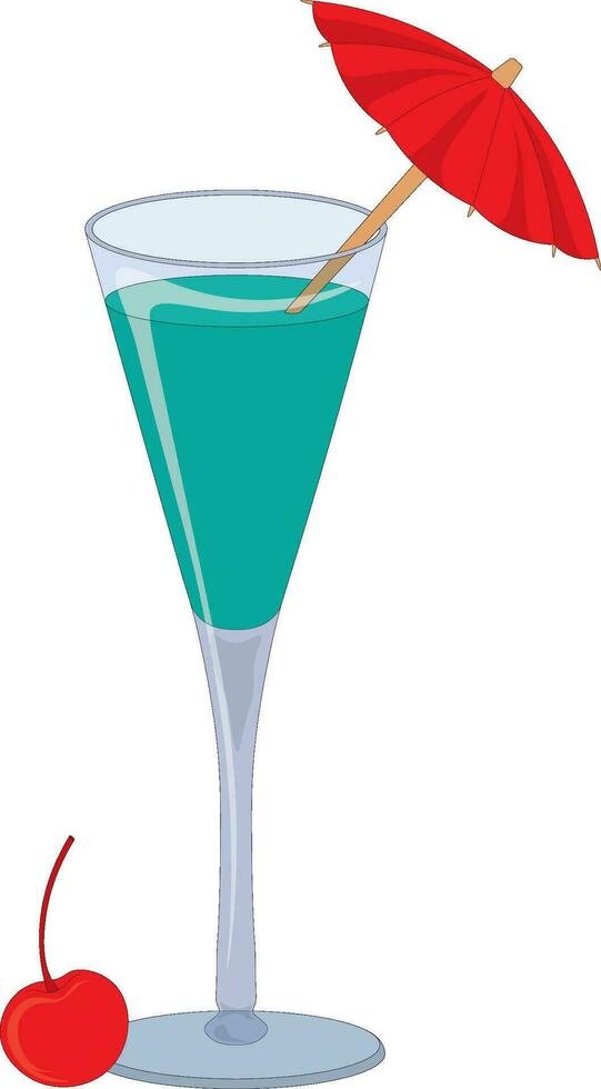 Blue cocktail drink in high glass with red umbrella vector illustration