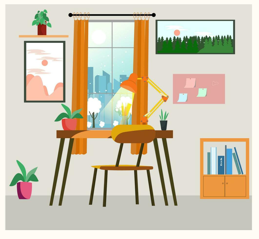 interior lugar de trabajo, acogedor pinturas y plantas, cofre de cajones con libros, ventana con ver invierno ciudad, moderno mesa y silla. vector plano ilustración minimalismo